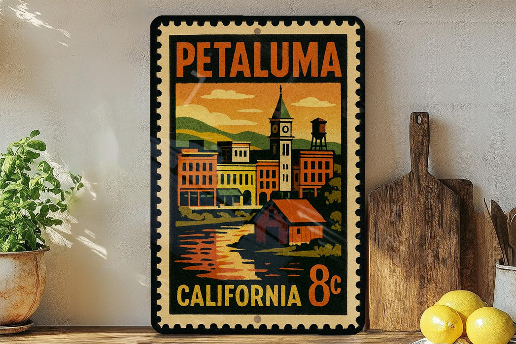 A vintage-style metal sign with a colorful illustration of a cityscape and a clock, mounted on a wall next to a wooden cutting board and some potted plants.