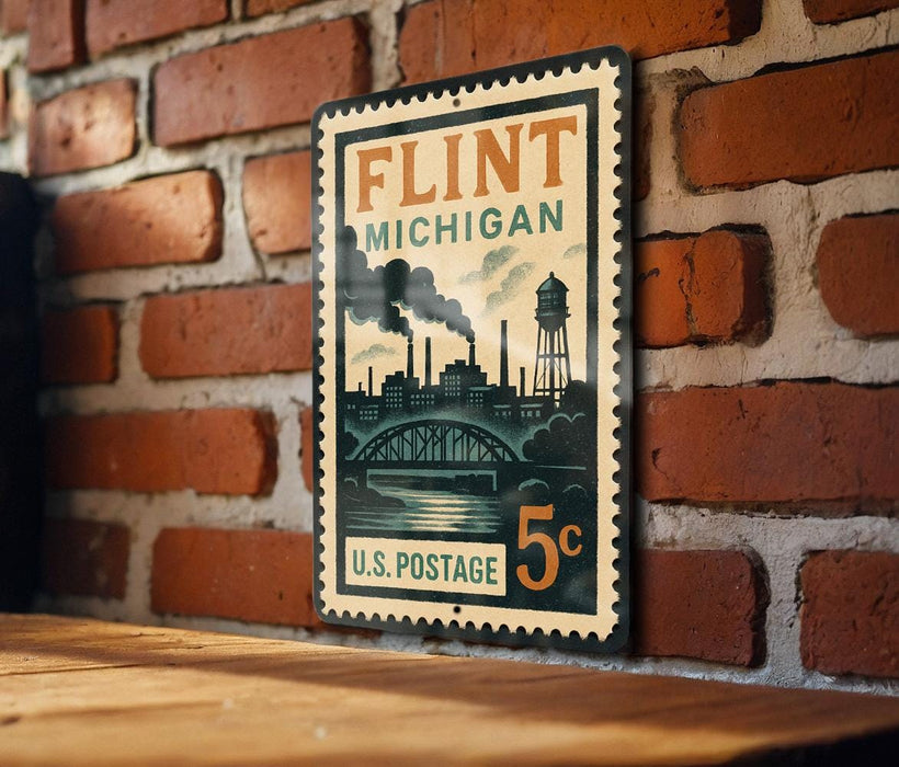 A vintage-style postage stamp from the United States, featuring a cityscape and steam engine, mounted on a brick wall.