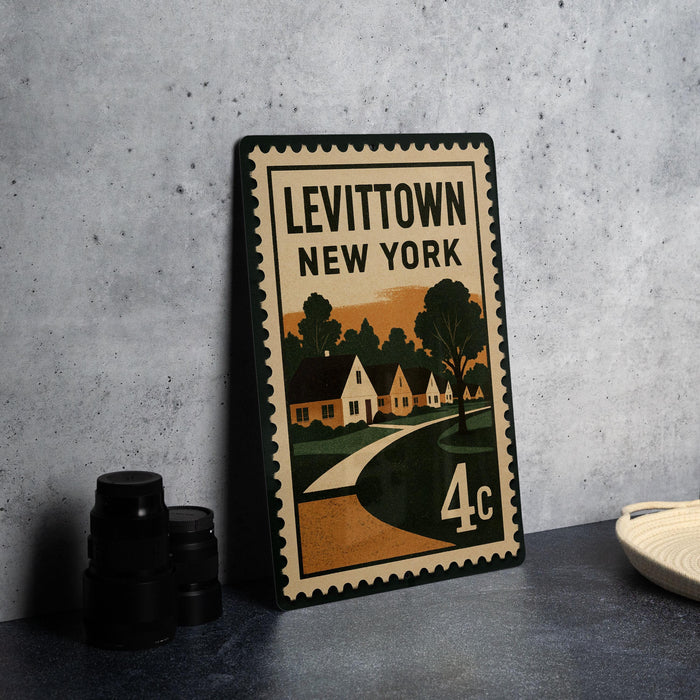 A vintage-style metal stamp with the text "LEVITTOWN NEW YORK" and an illustration of a street scene with houses and trees.