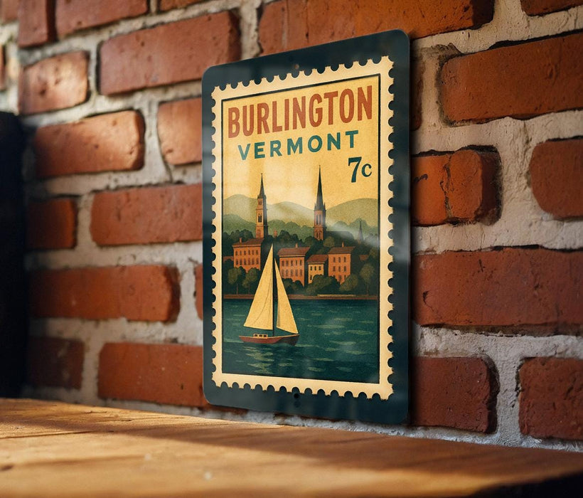 A vintage postage stamp from Vermont, featuring a sailboat on a river, is displayed on a brick wall.