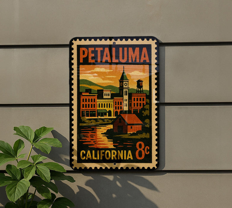 A vintage-style metal sign with a colorful illustration of a cityscape and a clock tower, mounted on a wall.