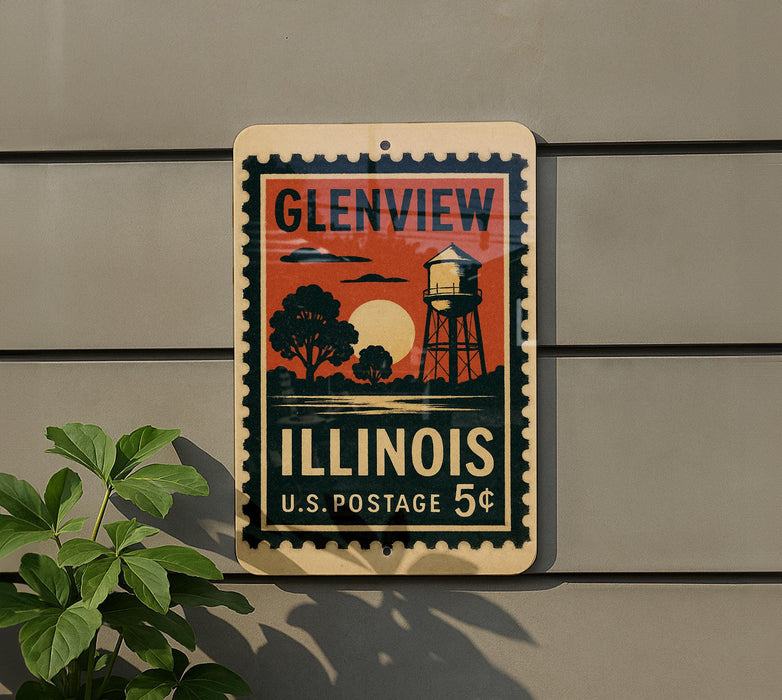 A vintage postage stamp from Illinois, featuring a water tower and a sunset, is displayed on a wall.