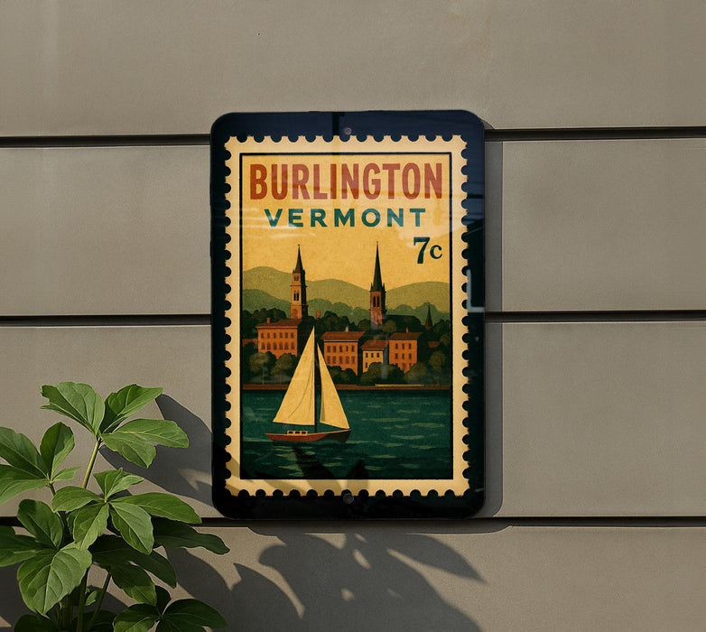 A vintage-style postage stamp depicting a sailboat on a river, with the text "BURLINGTON VERMONT 7c" printed on it. The stamp is mounted on a wall, and there is a plant to the left of the stamp.