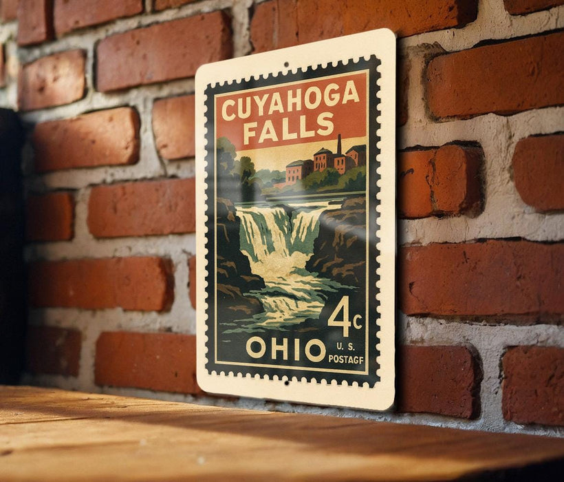 A vintage-style postage stamp depicting Cuyahoga Falls, a waterfall located in Ohio, United States.