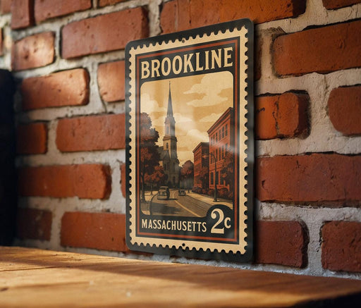A vintage-style postage stamp from Massachusetts, featuring a church and street scene, is displayed on a brick wall.