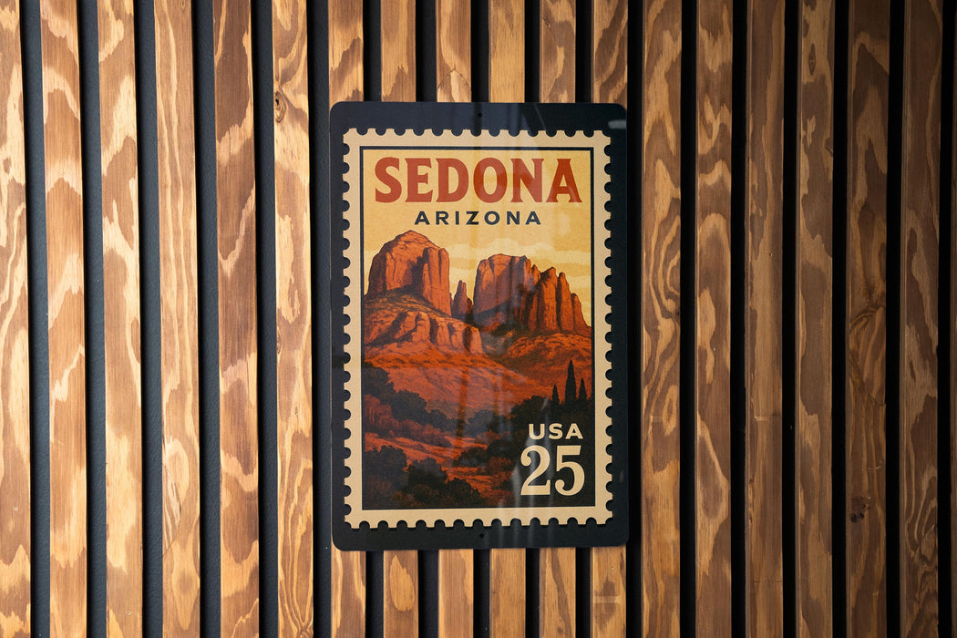 A vintage-style postage stamp from the United States of America, featuring the iconic Sedona rock formation in Arizona.
