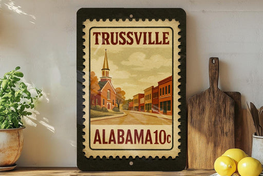 A framed stamp depicting Trussville, Alabama, with a church steeple and a street scene.