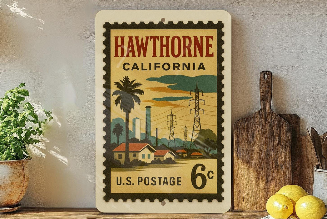 A vintage-style postage stamp from the United States, featuring an illustration of a small town in California with palm trees and power lines.