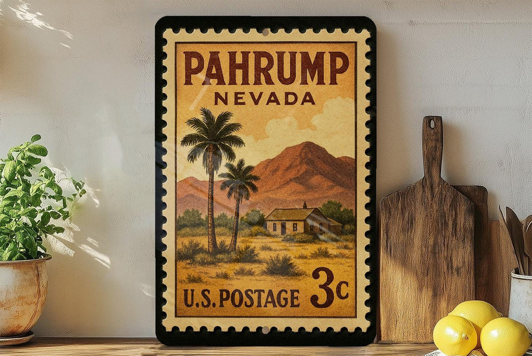 A framed vintage U.S. postage stamp depicting a desert landscape with palm trees and a house, placed on a shelf next to a wooden cutting board and a potted plant.