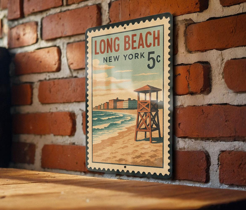 A vintage-style metal sign with a beach scene and a lifeguard tower, mounted on a brick wall.