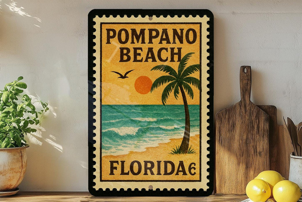 A framed poster of Pompano Beach, Florida, featuring a palm tree, ocean, and sunset, is displayed on a wall next to a wooden cutting board and a potted plant.