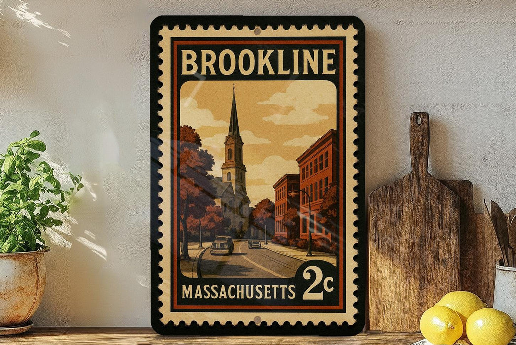 A framed vintage postage stamp from Massachusetts, featuring an illustration of a church and a street scene, is displayed on a shelf next to a wooden cutting board and some lemons.