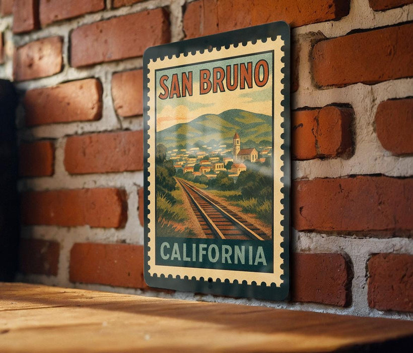 A vintage-style metal sign with the text "SAN BRUNO CALIFORNIA" is displayed on a brick wall.