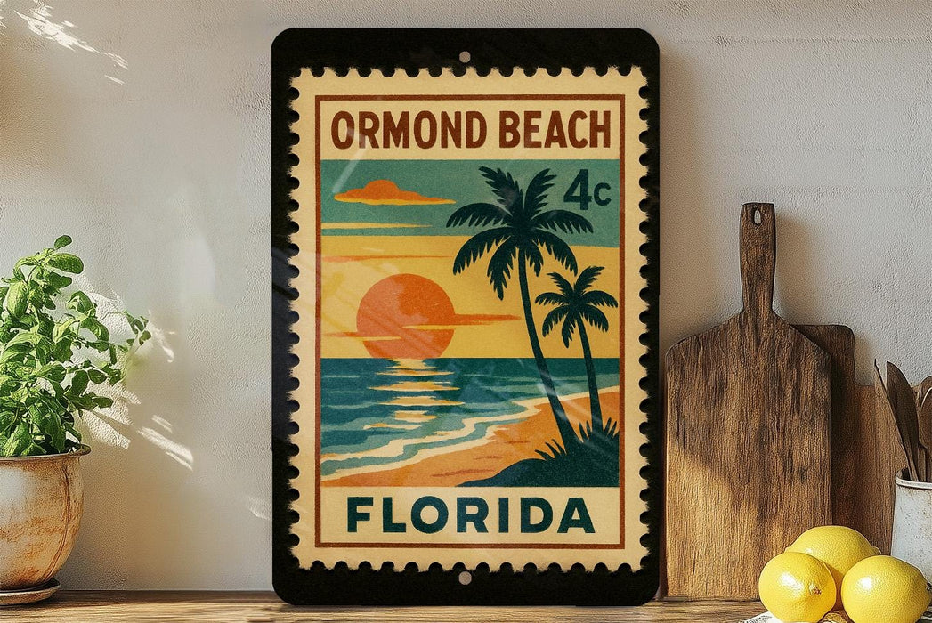 A framed poster of a tropical beach scene with palm trees and a sunset, displayed on a shelf next to a wooden cutting board and some lemons.