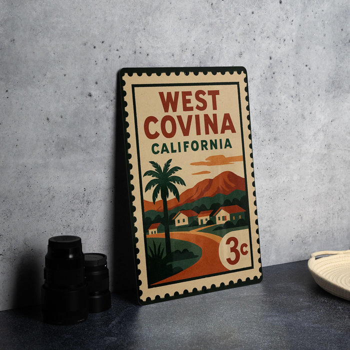 A vintage-style metal stamp with the text "WEST COVINA CALIFORNIA" and an illustration of a tropical landscape with palm trees and mountains.