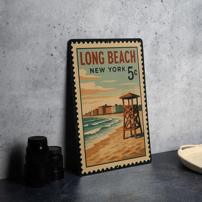 A vintage-style metal sign for Long Beach, New York, featuring a beach scene with a lifeguard tower.