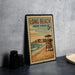 A vintage-style metal sign for Long Beach, New York, featuring a beach scene with a lifeguard tower.