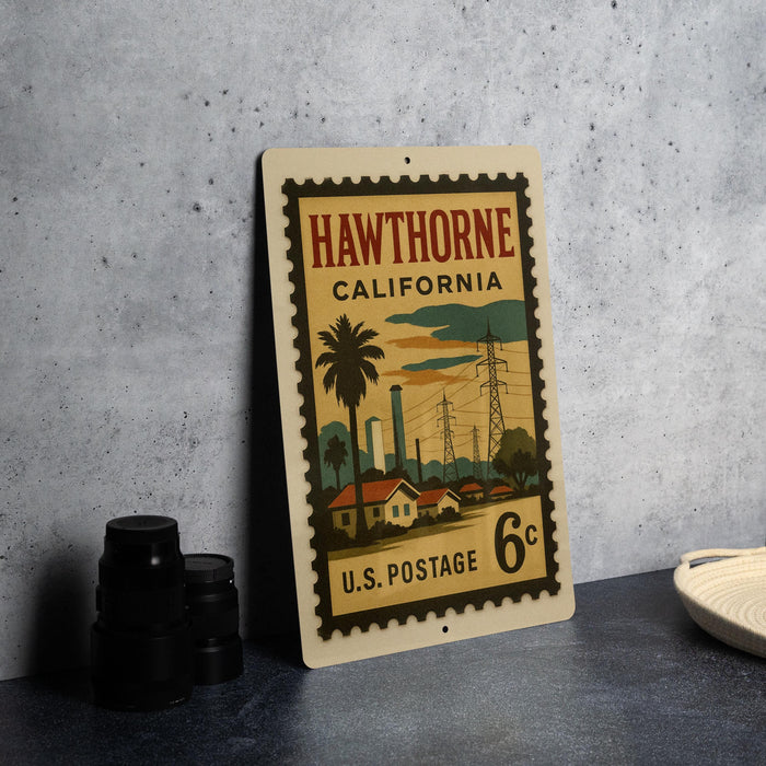 A vintage-style postage stamp from the United States, featuring an illustration of a town and palm trees, with the text "HAWTHORNE CALIFORNIA" and "U.S. POSTAGE 6¢".