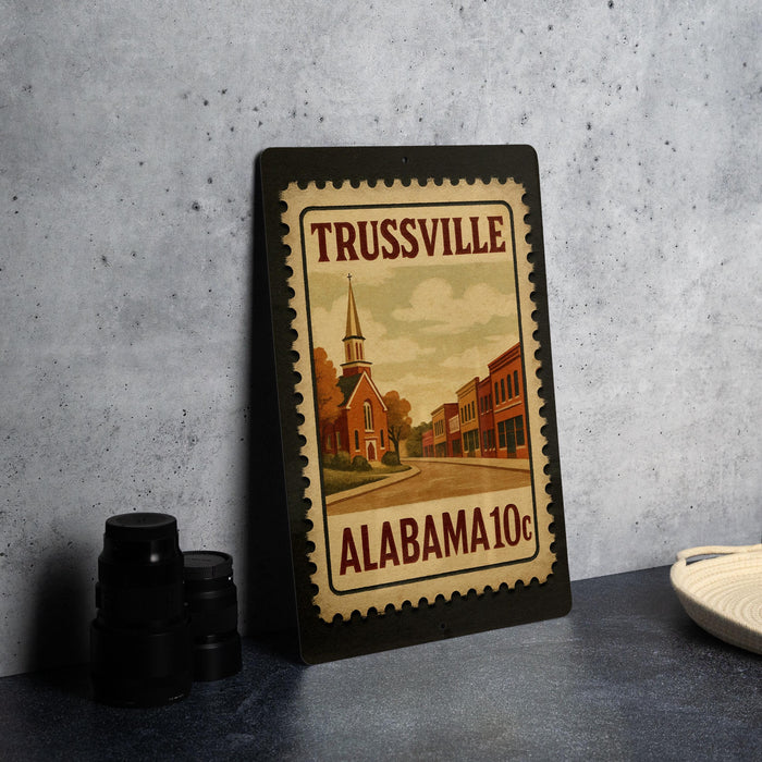 A framed vintage postage stamp depicting Trussville, Alabama, with a church and buildings in the background.