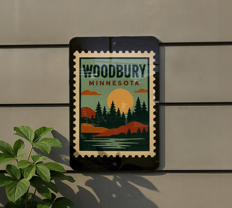 A sign for Woodbury Minnesota, featuring a scenic landscape with a lake, mountains, and trees, mounted on a wall.
