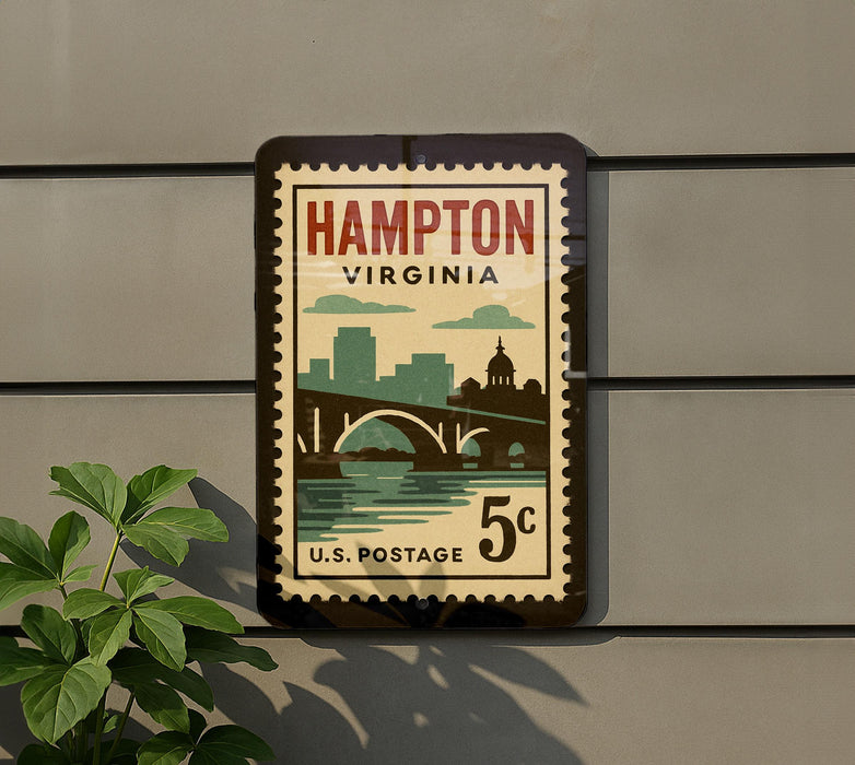 A vintage postage stamp from the United States, featuring the city of Hampton, Virginia, with a bridge and waterway in the background.