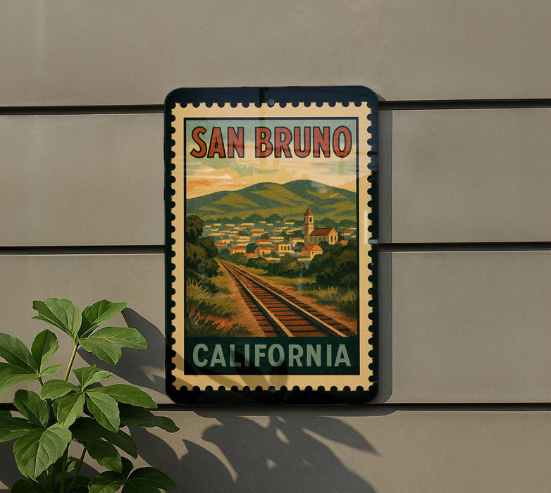 A vintage-style poster of San Bruno, California, featuring a train track and a town in the background, is displayed on a wall.