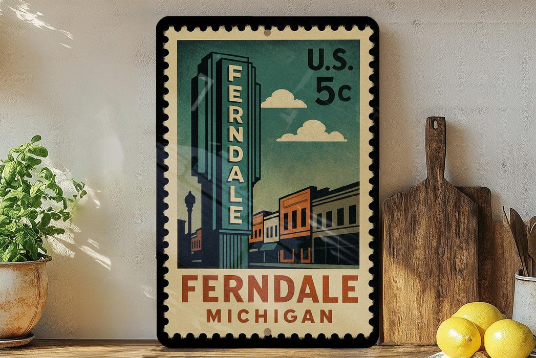 A framed vintage postage stamp depicting a cityscape with a tall building labeled "Ferndale" and the text "Ferndale, Michigan" below it.