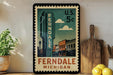 A framed vintage postage stamp depicting a cityscape with a tall building labeled "Ferndale" and the text "Ferndale, Michigan" below it.