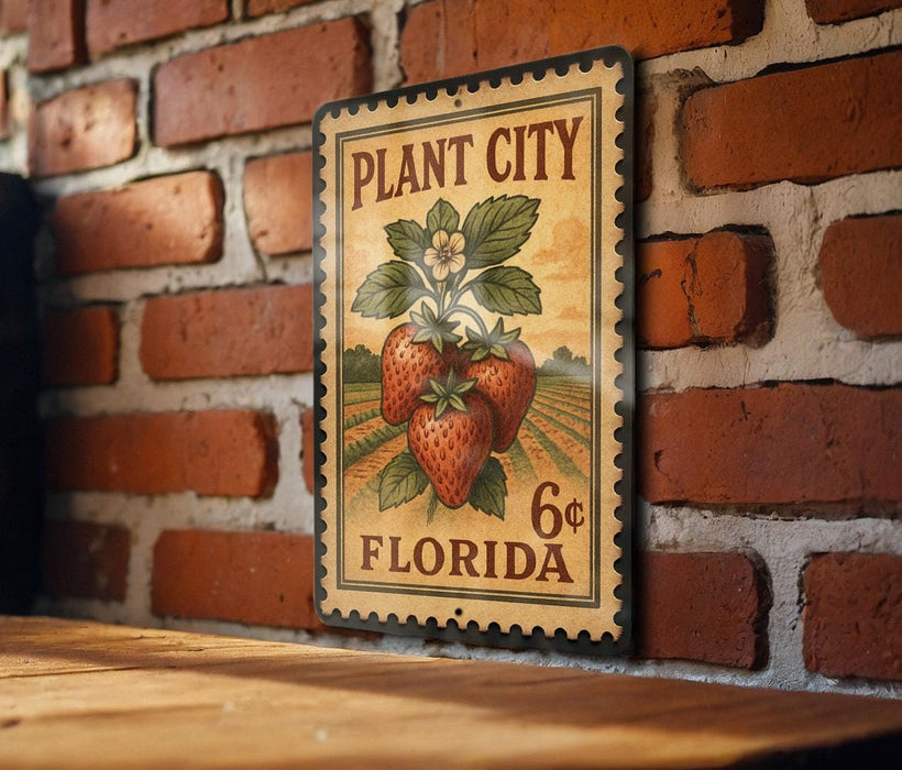 A vintage-style metal sign with a strawberry illustration and text, mounted on a brick wall.