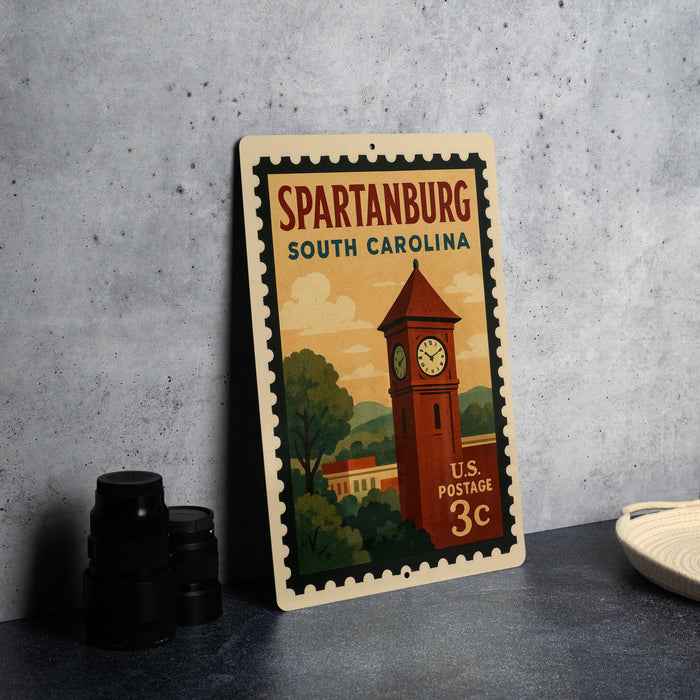 A vintage postage stamp from the United States of America, featuring a clock tower in Spartanburg, South Carolina.