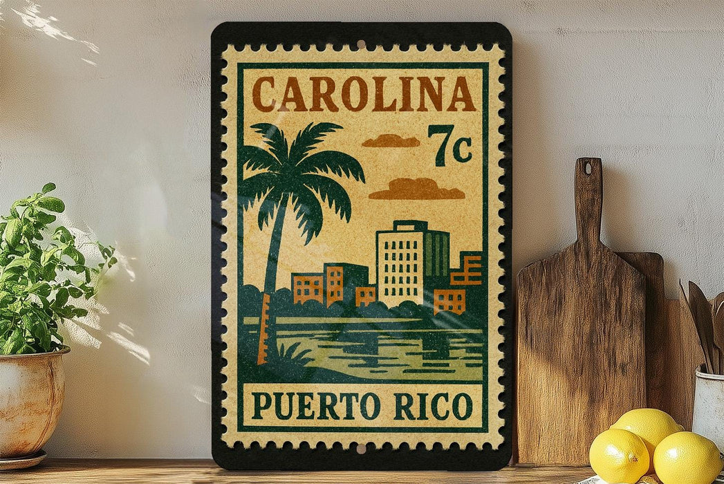 A vintage-style postage stamp from Carolina, featuring a palm tree and buildings, is displayed on a shelf next to a wooden cutting board and some lemons.