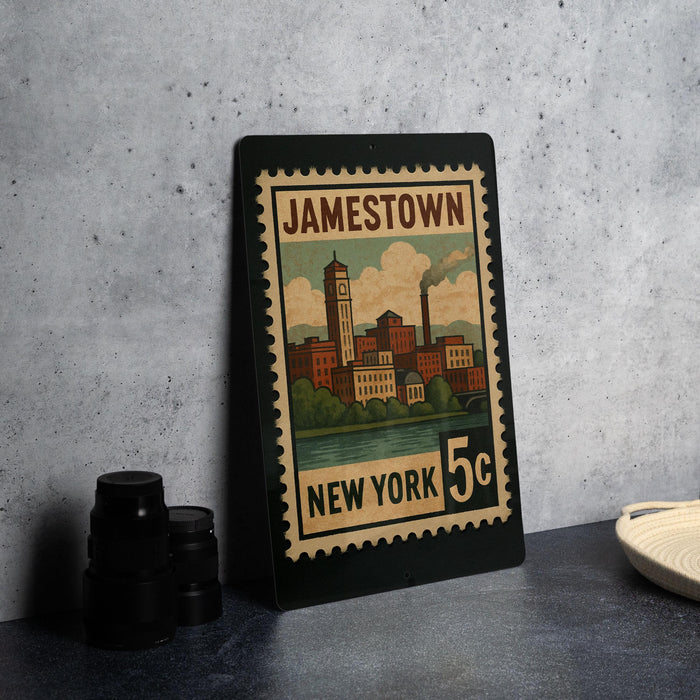 A framed stamp depicting a cityscape of Jamestown, New York, with a 5 cent value.