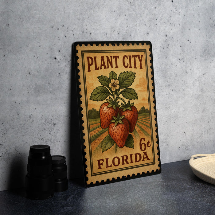 A vintage-style stamp or postcard with a strawberry illustration and text, placed on a countertop next to some black camera lenses.