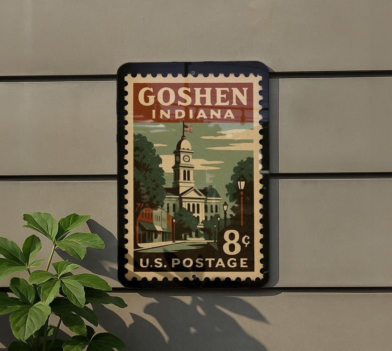 A postage stamp from Goshen, Indiana, featuring a clock tower and other architectural elements, mounted on a wall.