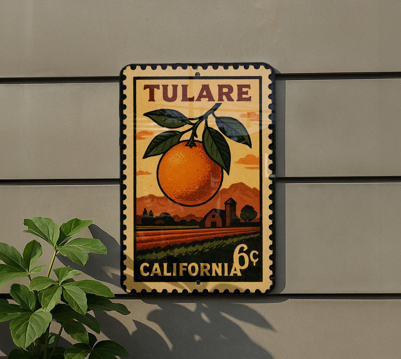 A vintage postage stamp featuring an orange and a rural landscape, mounted on a wall.