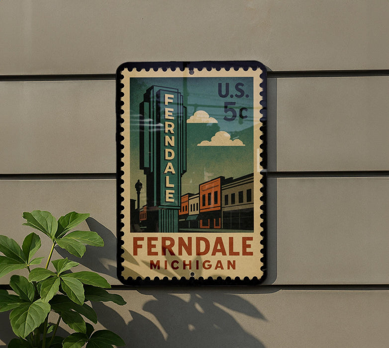A vintage-style postage stamp from the United States, featuring the name 'Ferndale' and the location 'Michigan' on a building.