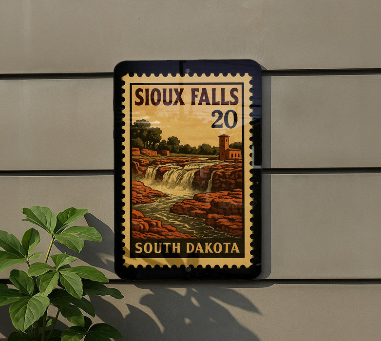 A sign for Sioux Falls, South Dakota, featuring a scenic illustration of the falls.