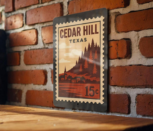 A metal sign with a vintage-style illustration of a town and mountains, mounted on a brick wall.