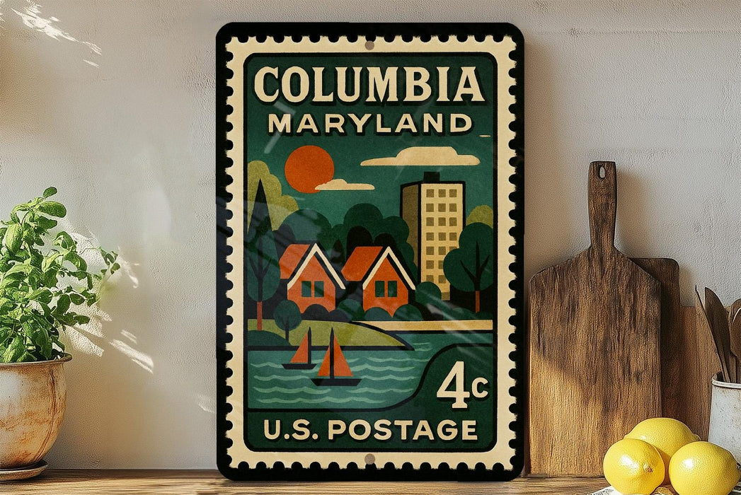 A vintage-style postage stamp from the United States, featuring a colorful illustration of a coastal town in Maryland.