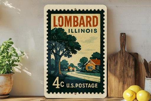 A vintage postage stamp from the United States, featuring an illustration of a rural landscape with a road and houses, placed on a wooden surface next to a wooden cutting board and some potted plants.