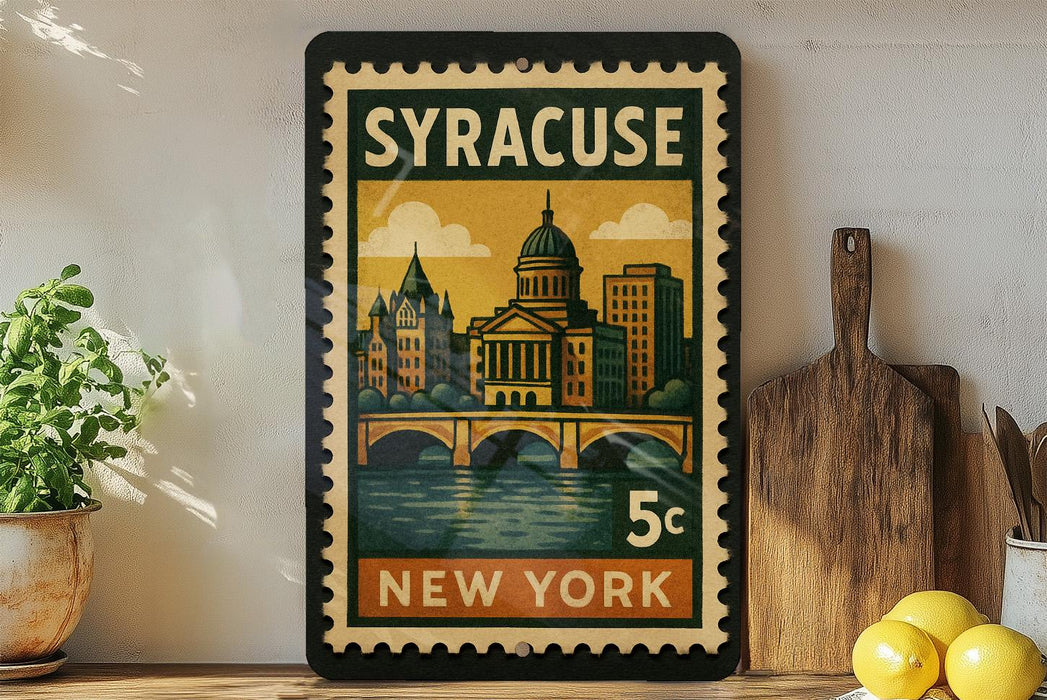 A vintage postage stamp from New York, featuring a cityscape and a bridge, is displayed on a shelf next to a wooden cutting board and some lemons.