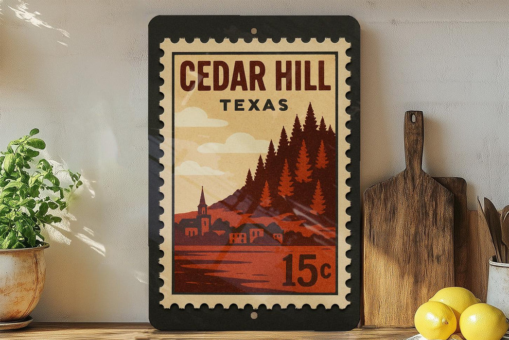 a framed poster of a scenic landscape with a town and mountains, placed on a shelf next to a wooden cutting board and some lemons.