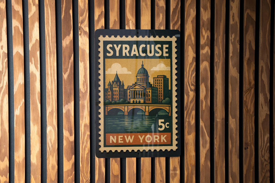 A vintage postage stamp from New York featuring a cityscape and a bridge.