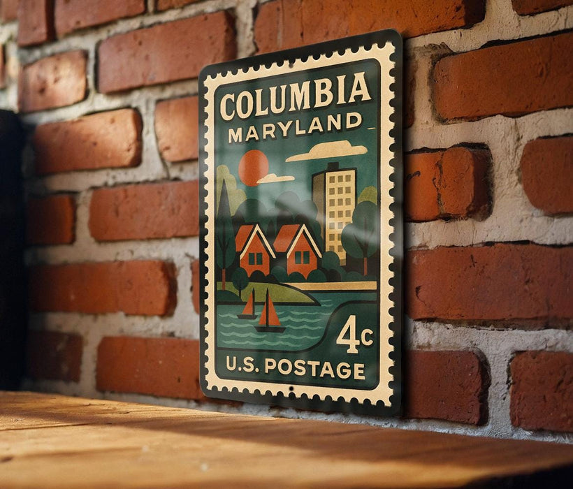 A vintage-style postage stamp from the United States, featuring a colorful illustration of a coastal town with buildings, boats, and a sun.
