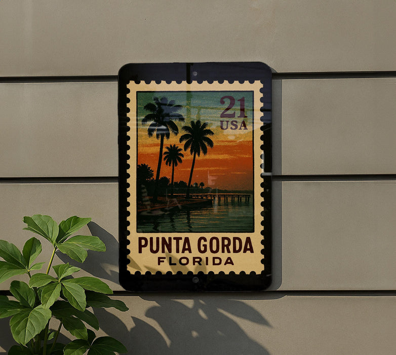A postage stamp from the United States of America, featuring a tropical beach scene with palm trees and a sunset.