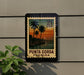 A postage stamp from the United States of America, featuring a tropical beach scene with palm trees and a sunset.