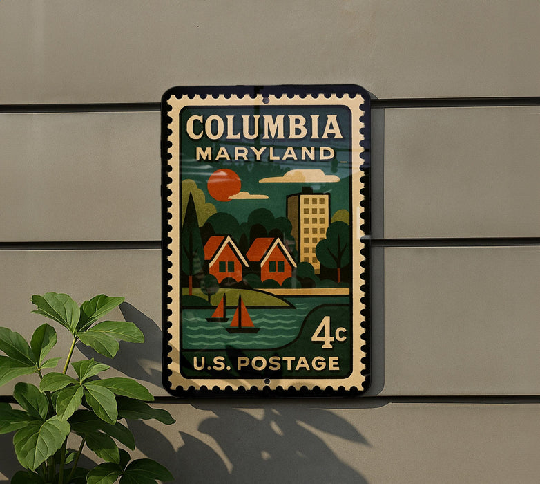 A vintage-style postage stamp from the United States, featuring a colorful illustration of a coastal town with buildings, boats, and a sunset.