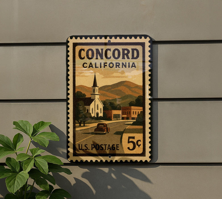 A postage stamp from Concord, California, featuring a church and a road, mounted on a wall.