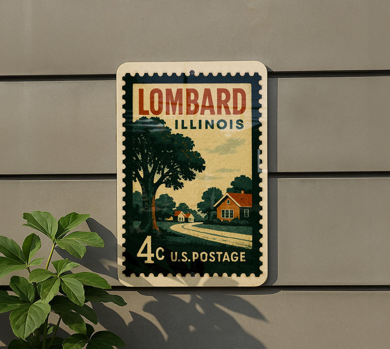 A vintage postage stamp from Illinois, featuring a rural scene with a road and houses, mounted on a wall.