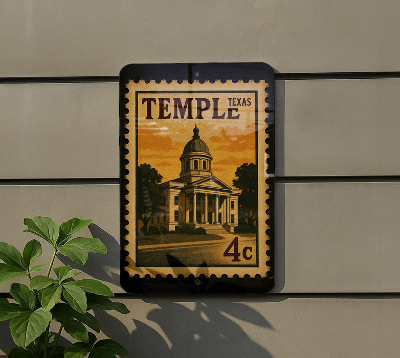 A framed image of a building, likely a historic landmark, mounted on a wall.